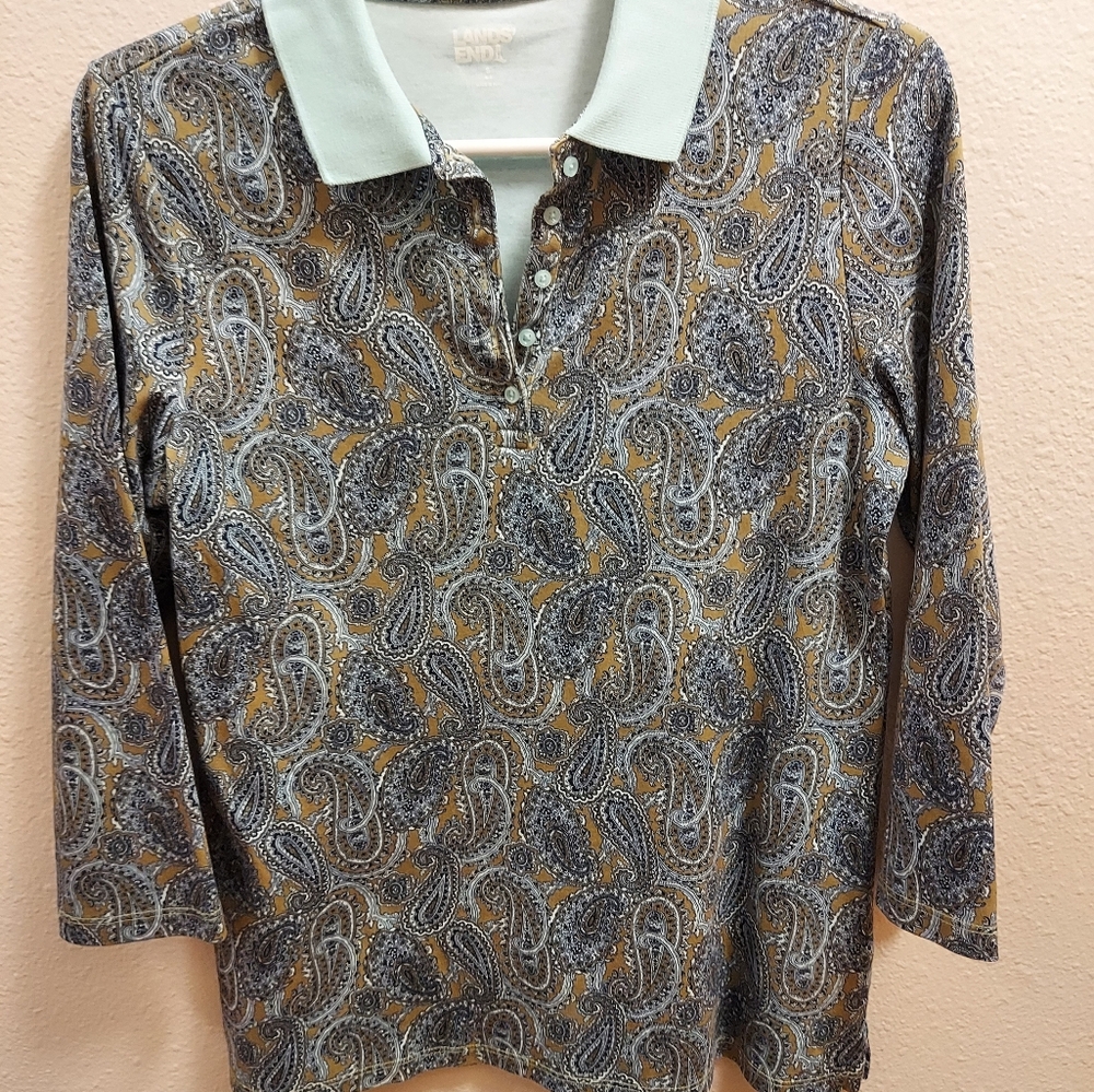 Lands End Women's Small (6-8) Paisley 3/4 Sleeve Polo Cotton Contrasting Collar